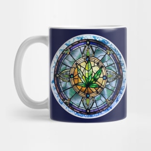 420 April 20 Cannabis leaf sacred religious stained glass blue batik Mug